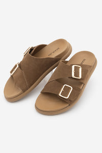 Kadın Hakiki Deri Çift Bantlı Günlük Terlik Dorsin - Taba Süet