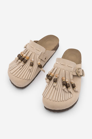 Kadın Hakiki Deri Eva Taban Boncuklu Püsküllü Sabo Günlük Terlik Serloz - Bej Süet