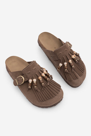 Kadın Hakiki Deri Eva Taban Boncuklu Püsküllü Sabo Günlük Terlik Serloz - Kahve Süet