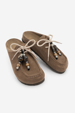 Kadın Hakiki Deri Eva Taban Boncuklu Sabo Günlük Terlik Nosela - Camel Süet