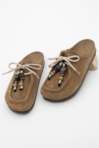 Kadın Hakiki Deri Eva Taban Boncuklu Sabo Günlük Terlik Nosela - Toprak Süet