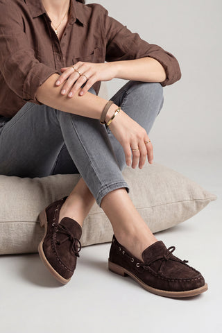 Kadın Hakiki Deri Fiyonklu Loafer Günlük Ayakkabı Savron - Kahve Süet