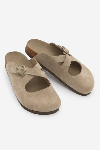Kadın Hakiki Deri Eva Taban Tokalı Süet Sabo Terlik Menifa - Bej Süet