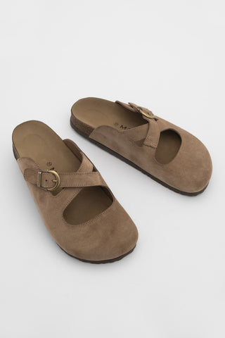 Kadın Hakiki Deri Eva Taban Tokalı Süet Sabo Terlik Menifa - Camel Süet