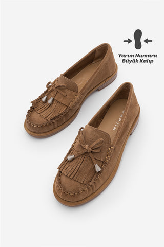 Kadın Hakiki Deri Püsküllü Makosen Loafer Günlük Ayakkabı Ronce - Camel Süet