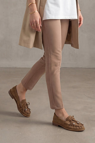 Kadın Hakiki Deri Püsküllü Makosen Loafer Günlük Ayakkabı Ronce - Camel Süet