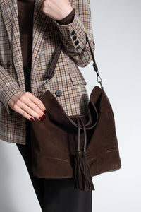 Kadın Hakiki Deri Omuz Çantası Olven - Kahve Süet