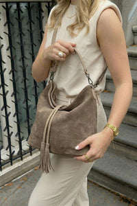 Kadın Hakiki Deri Omuz Çantası Olven - Vizon Süet