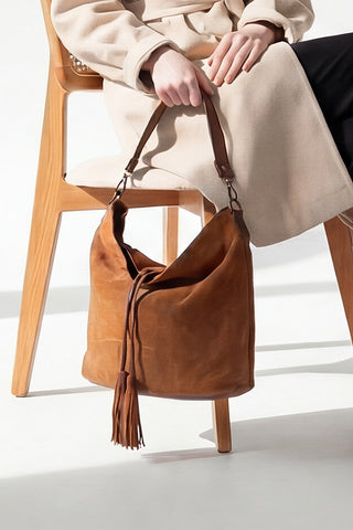 Kadın Hakiki Deri Omuz Çantası Olven - Taba Süet