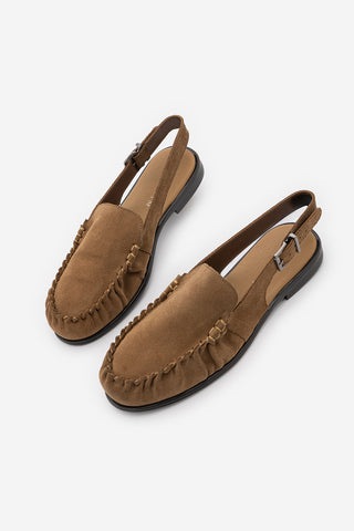 Kadın Hakiki Deri Önü Kapalı Büzgülü Loafer Günlük Sandalet Barseli - Camel Süet