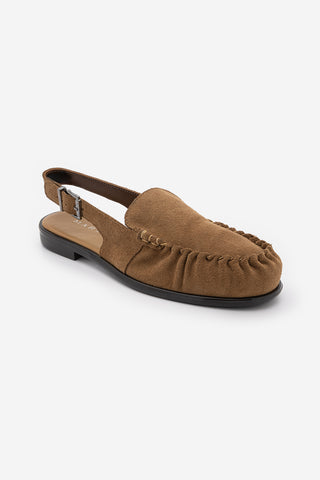 Kadın Hakiki Deri Önü Kapalı Büzgülü Loafer Günlük Sandalet Barseli - Camel Süet