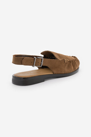 Kadın Hakiki Deri Önü Kapalı Büzgülü Loafer Günlük Sandalet Barseli - Camel Süet