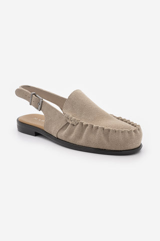 Kadın Hakiki Deri Önü Kapalı Büzgülü Loafer Günlük Sandalet Barseli - Bej Süet