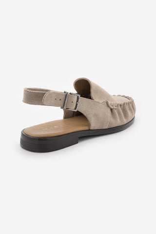 Kadın Hakiki Deri Önü Kapalı Büzgülü Loafer Günlük Sandalet Barseli - Bej Süet