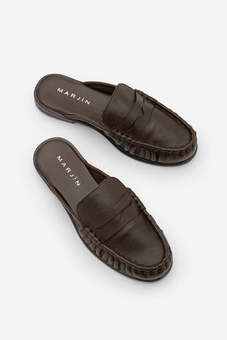 Kadın Hakiki Deri Önü Kapalı Büzgülü Loafer Günlük Terlik Calista - Kahve