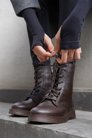 Kadın Hakiki Deri Postal Bot Kafle - Kahve