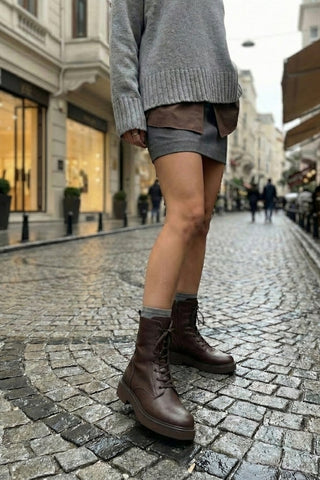 Kadın Hakiki Deri Postal Bot Kafle - Kahve