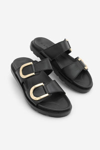 Kadın Hakiki Deri Tokalı Günlük Terlik Merpe - Siyah