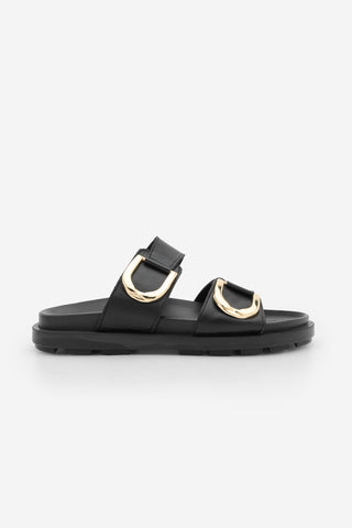 Kadın Hakiki Deri Tokalı Günlük Terlik Merpe - Siyah