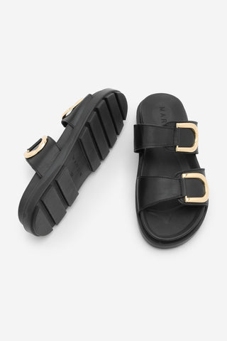 Kadın Hakiki Deri Tokalı Günlük Terlik Merpe - Siyah