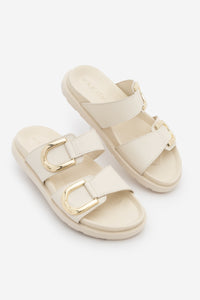 Kadın Hakiki Deri Tokalı Günlük Terlik Merpe - Ekru