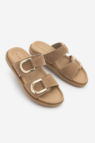 Kadın Hakiki Deri Tokalı Günlük Terlik Merpe - Camel Süet