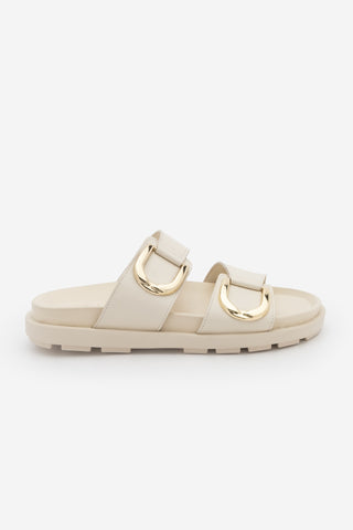 Kadın Hakiki Deri Tokalı Günlük Terlik Merpe - Ekru