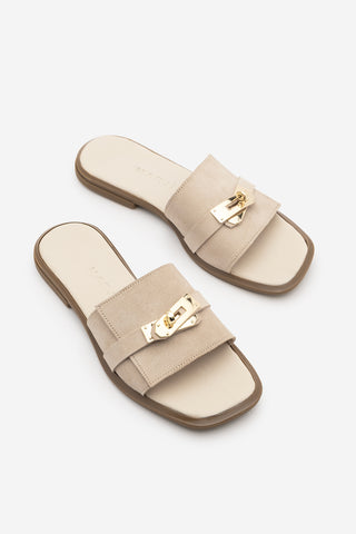 Kadın Hakiki Deri Tokalı Günlük Terlik Sivera - Bej Süet