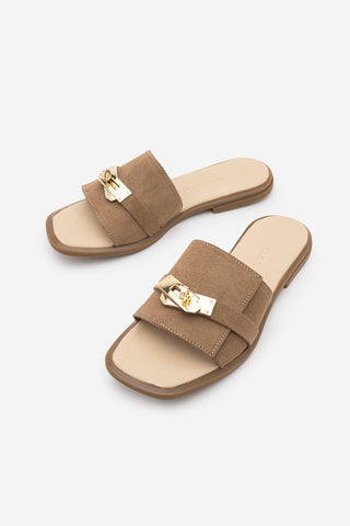Kadın Hakiki Deri Tokalı Günlük Terlik Sivera - Camel Süet