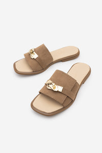 Kadın Hakiki Deri Tokalı Günlük Terlik Sivera - Camel Süet
