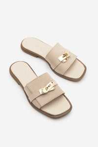 Kadın Hakiki Deri Tokalı Günlük Terlik Sivera - Bej Süet