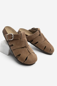 Kadın Hakiki Deri Tokalı Süet Terlik Yolis - Camel Süet