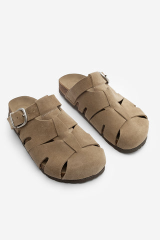 Kadın Hakiki Deri Eva Taban Tokalı Süet Sabo Terlik Yolis - Toprak Süet