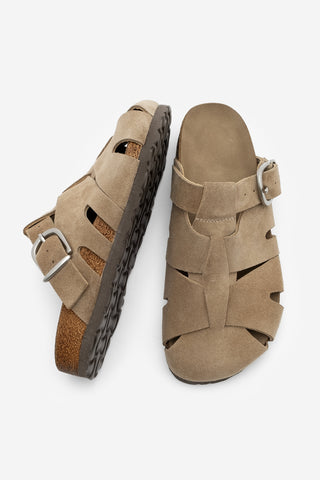 Kadın Hakiki Deri Eva Taban Tokalı Süet Sabo Terlik Yolis - Toprak Süet