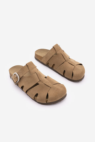 Kadın Hakiki Deri Eva Taban Tokalı Süet Sabo Terlik Yolis - Camel Süet