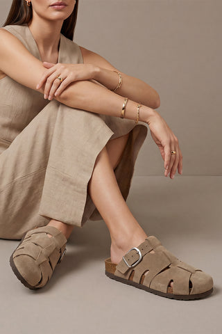 Kadın Hakiki Deri Eva Taban Tokalı Süet Sabo Terlik Yolis - Toprak Süet