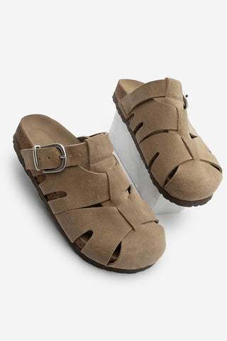 Kadın Hakiki Deri Eva Taban Tokalı Süet Sabo Terlik Yolis - Toprak Süet