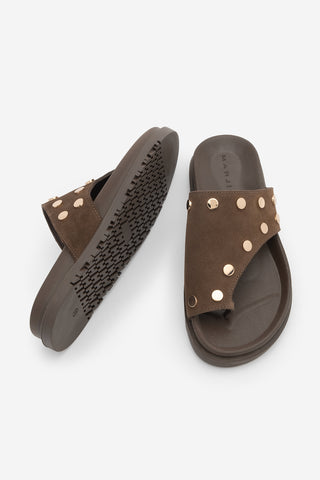 Kadın Hakiki Deri Parmak Arası Zımbalı Günlük Terlik Nobi - Kahve Süet