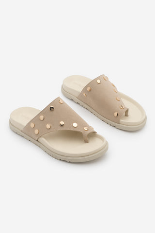 Kadın Hakiki Deri Parmak Arası Zımbalı Günlük Terlik Nobi - Bej Süet