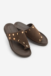 Kadın Hakiki Deri Parmak Arası Zımbalı Günlük Terlik Nobi - Kahve Süet