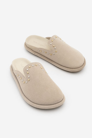 Kadın Hakiki Deri Zımbalı Sabo Günlük Terlik Sufite - Bej Süet