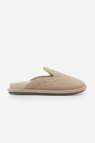 Kadın Hakiki Deri Zımbalı Sabo Günlük Terlik Sufite - Bej Süet