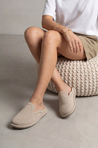 Kadın Hakiki Deri Zımbalı Sabo Günlük Terlik Sufite - Bej Süet