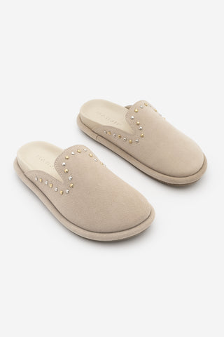 Kadın Hakiki Deri Zımbalı Sabo Günlük Terlik Sufite - Bej Süet