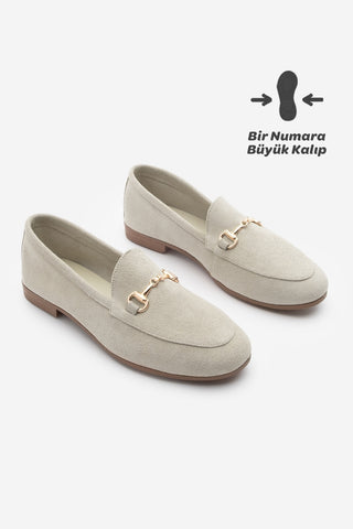 Kadın Hakiki Deri Zincirli Loafer Ayakkabı Tanle - Bej Süet