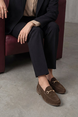 Kadın Hakiki Deri Zincirli Loafer Ayakkabı Tanle - Kahve Süet