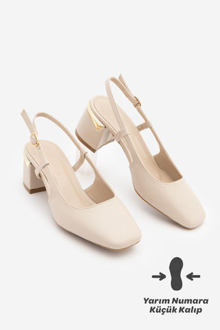 Kadın Kalın Topuk Klasik Topuklu Ayakkabı Likay - Ekru