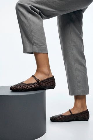 Kadın Küt Burun El Örgüsü Mary Jane Bantlı Babet Liyen - Kahve