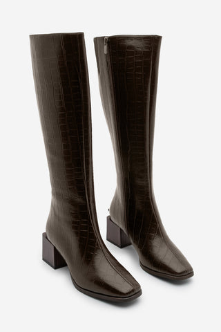 Kadın Küt Burun Kalın Topuklu Çizme Lusso - Kahve Croco