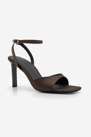 Kadın Küt Burun Topuklu Sandalet Vados - Kahve Saten